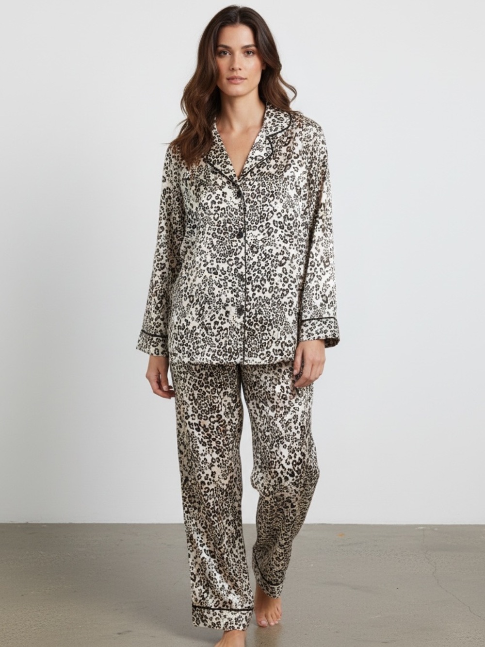 Leopard Print Pajama Set Button Front Cozy Lounge Set Size M